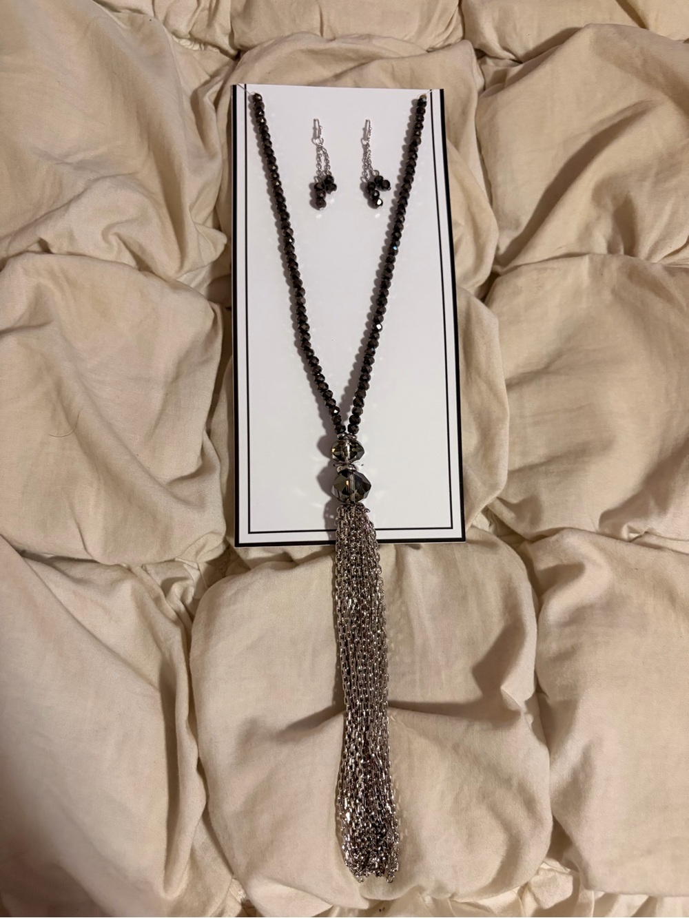 Free People Black Beaded Tassel Necklace and Earring Set